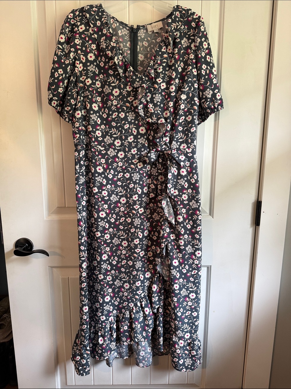 LOFT Black Floral Ruffle Midi Dress with Pink & White Flowers
